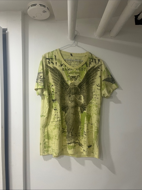 Affliction Other - Y2K Green V Neck Angel Graphic Short Sleeve Tee